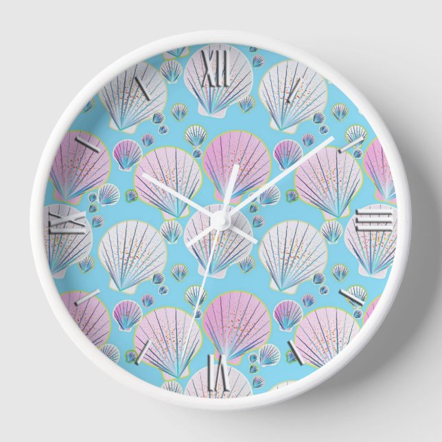 Reloj De Pared Conchas de mar sobre un fondo azul turquesa (Anverso)