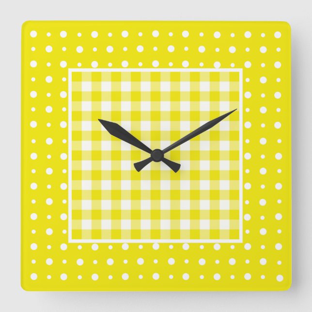 Reloj de pared, control amarillo Gingham y puntos  (Anverso)