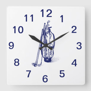 Reloj de pared cuadrado azul de palos de golf y bo