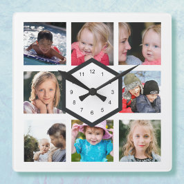 Reloj de Pared Cuadrado Blanco con Collage de 8 Fo