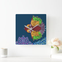 Reloj de pared cuadrado con arte abstracto de pez 
