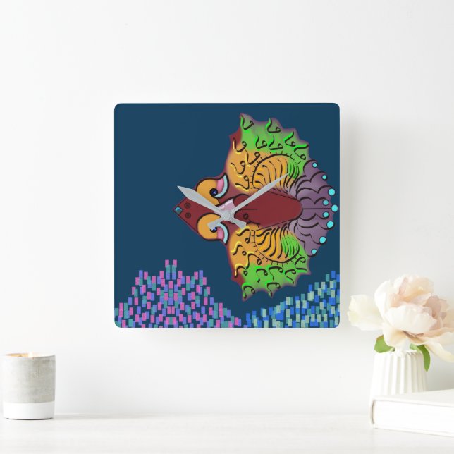 Reloj de pared cuadrado con arte abstracto de pez  (Hogar)