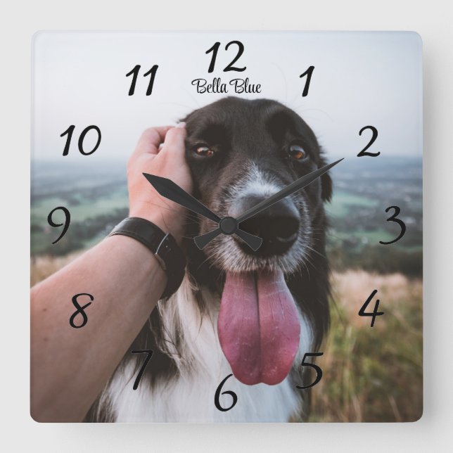 Reloj de pared cuadrado con foto de perro personal (Anverso)