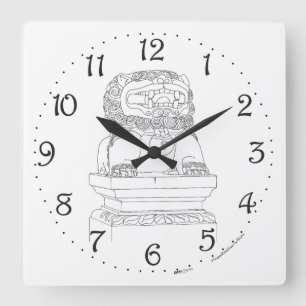Reloj de pared cuadrado con león guardián chino