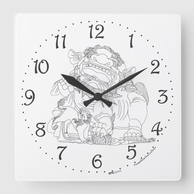 Reloj de pared cuadrado con león guardián chino (Anverso)