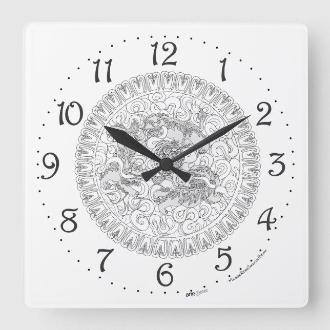 Reloj de pared cuadrado con león guardián chino (Anverso)