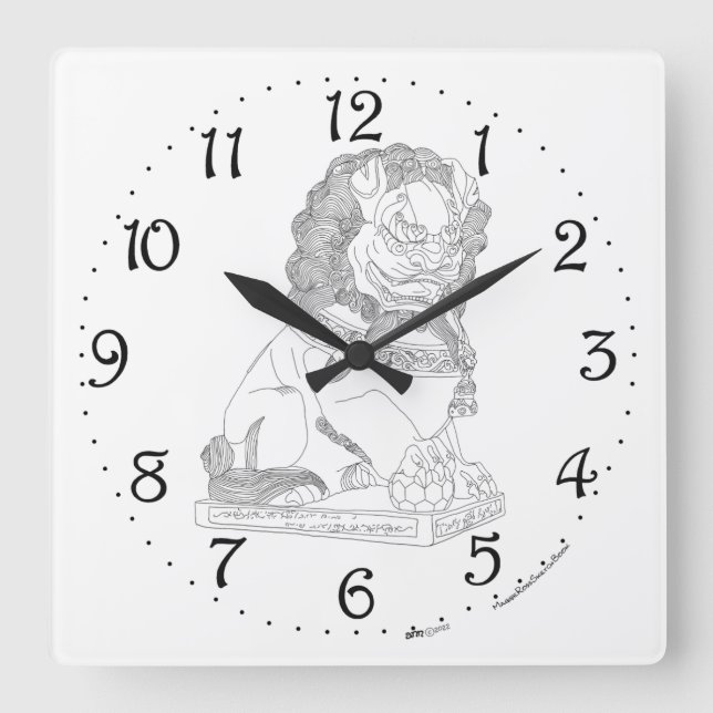 Reloj de pared cuadrado con león guardián chino (Anverso)