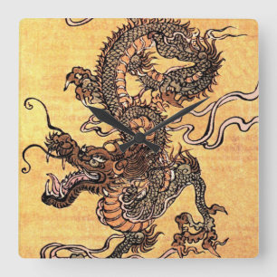 Reloj de pared cuadrado con tapiz de dragón vintag