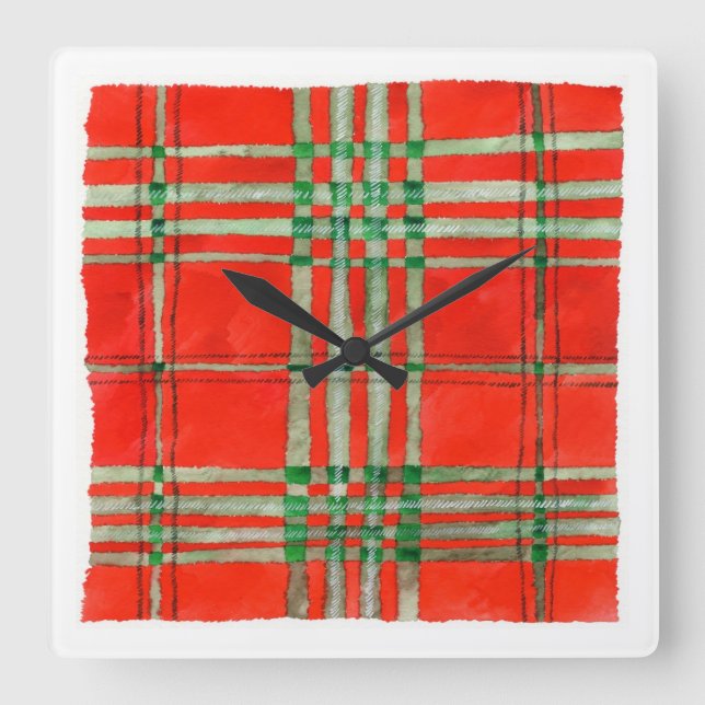 Reloj de pared cuadrado de acrílico con tartán roj (Anverso)