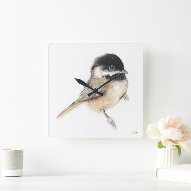 Reloj de pared cuadrado de arte de la chickadee (Hogar)