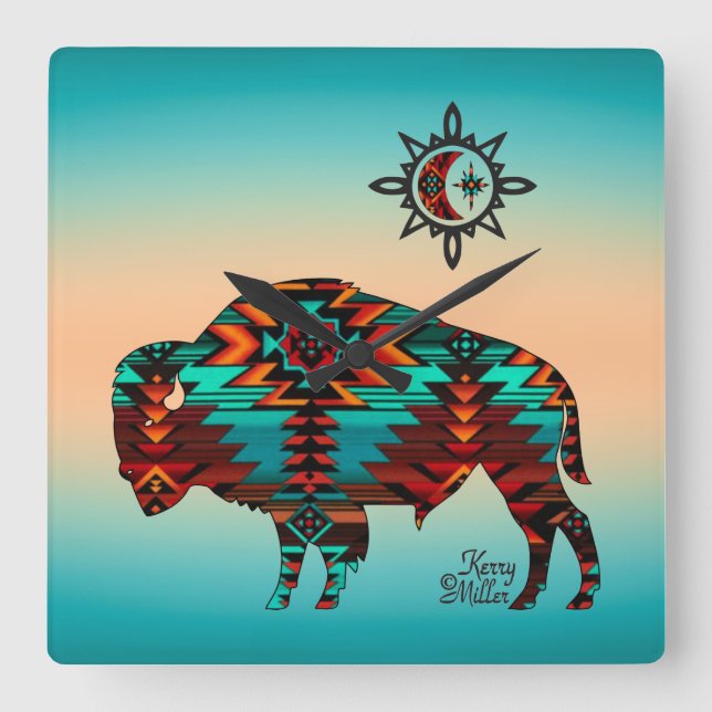 Reloj de pared cuadrado de búfalo del suroeste (Anverso)