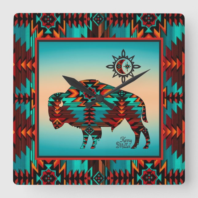 Reloj de pared cuadrado de búfalo del suroeste (Anverso)