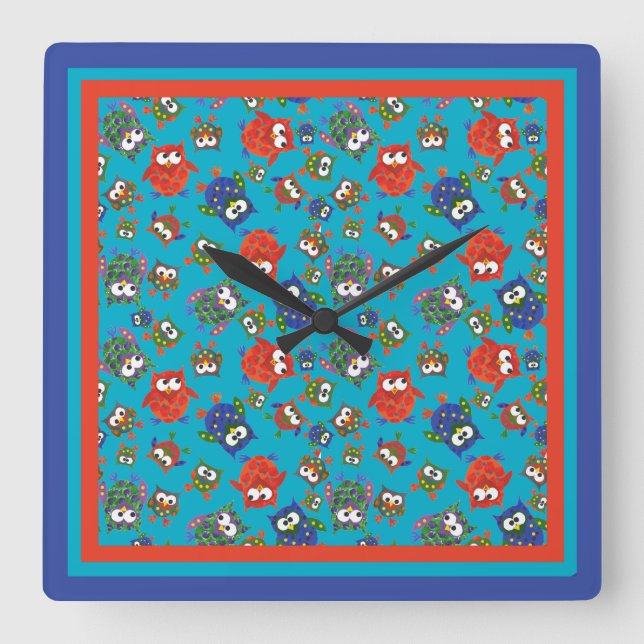 Reloj de pared cuadrado de búho, rojo, azul, verde (Anverso)