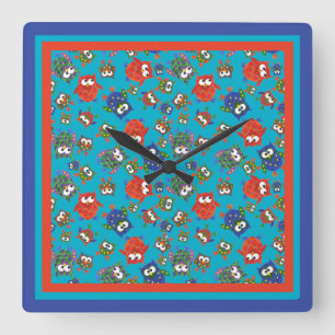 Reloj de pared cuadrado de búho, rojo, azul, verde