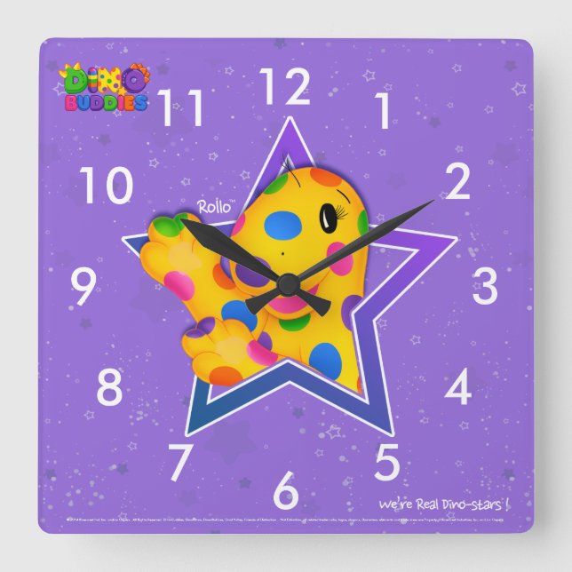 Reloj de pared cuadrado de Dino-Buddies™ - Rollo™ (Anverso)