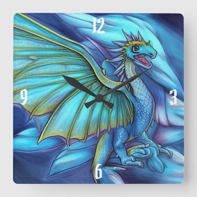 Reloj de pared cuadrado de dragón azul y verde (Anverso)