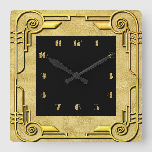 Reloj de pared cuadrado de estilo Art Deco dorado  (Anverso)