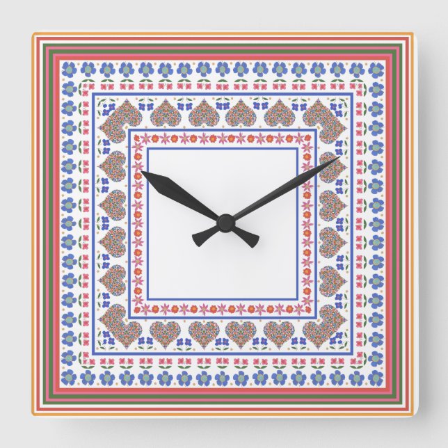 Reloj de pared cuadrado de estilo arte popular (Anverso)