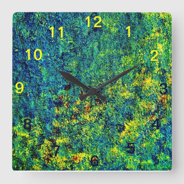 Reloj de pared cuadrado de flores abstractas azul  (Anverso)
