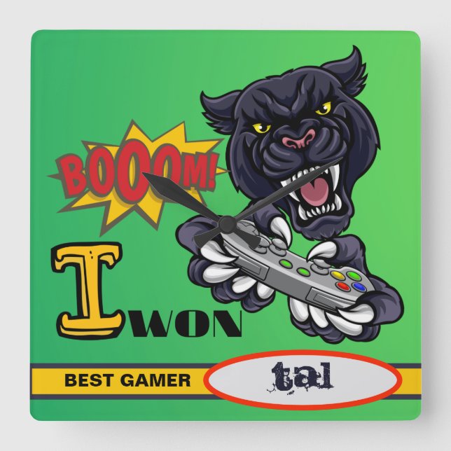 Reloj de pared cuadrado de gamer de nombre persona (Anverso)