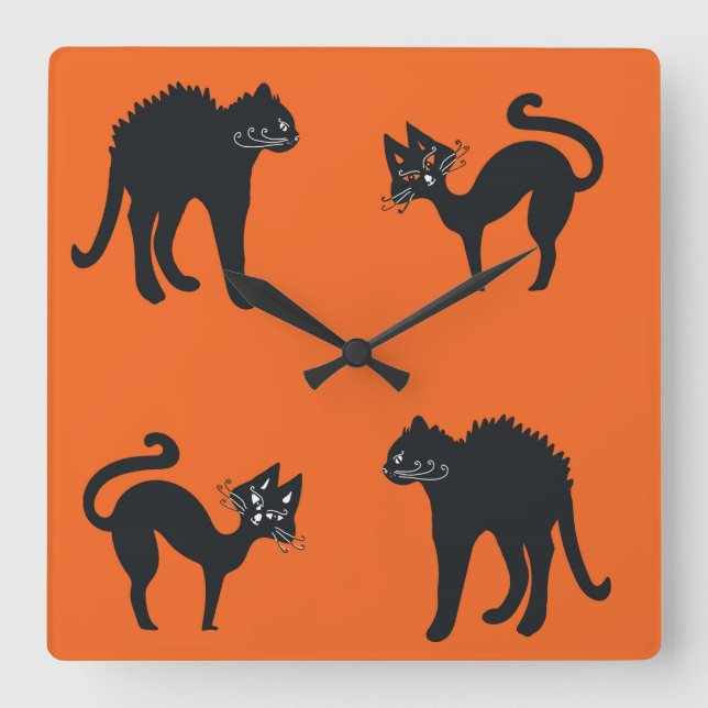 Reloj de pared cuadrado de gatos negros (Anverso)