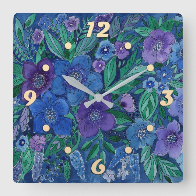 Reloj de pared cuadrado de jardín de flores acuare (Anverso)