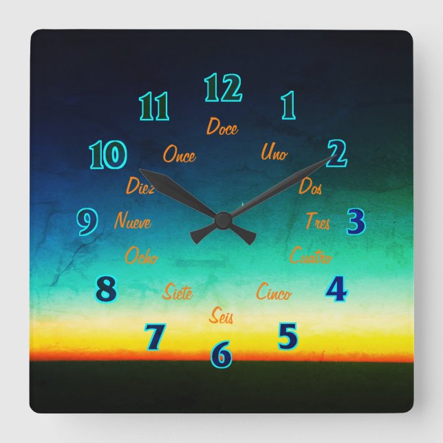 Reloj de pared cuadrado de letras en español (Anverso)