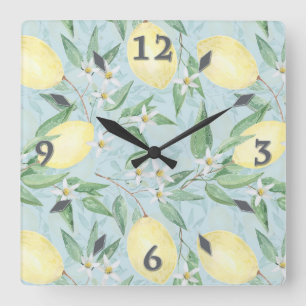 Reloj de pared cuadrado de limones al aguarela