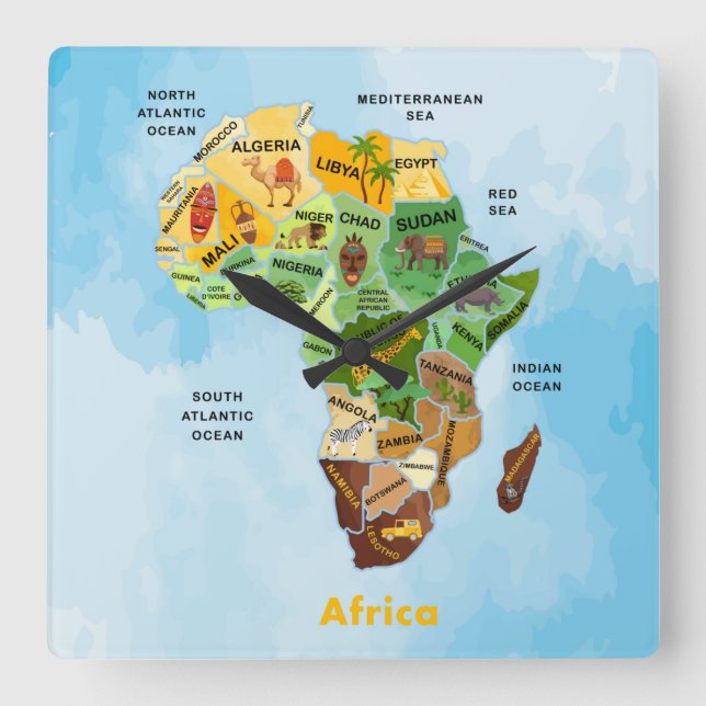 Reloj de pared cuadrado de mapas de África (Anverso)