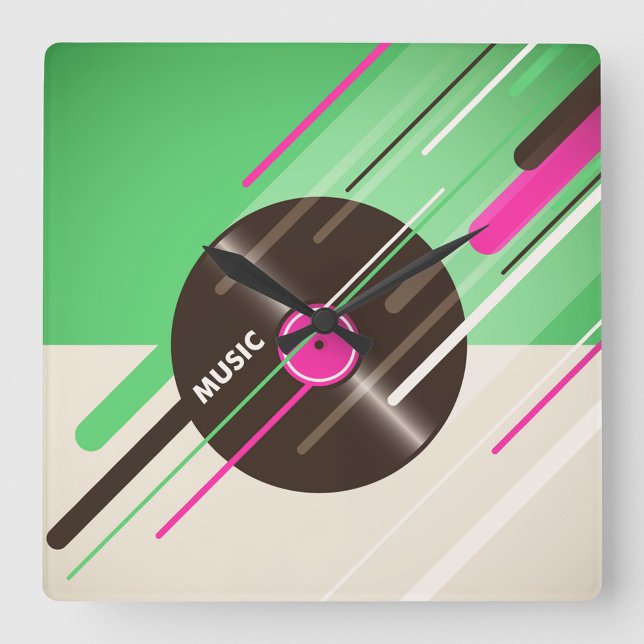 Reloj de pared cuadrado de registro de vinilo (A colorful clock design featuring a vinyl record with bold "Music text!)