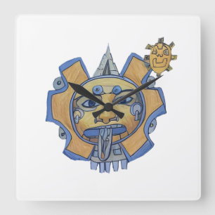 Reloj de pared cuadrado de sol de oro Azteca Maya