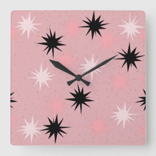 Reloj de pared cuadrado de Starburts rosa Atómico