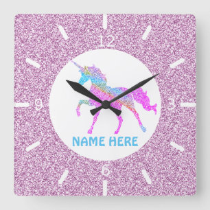 Reloj de pared cuadrado de unicornio púrpura hermo