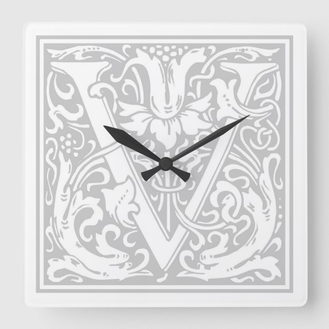 Reloj de pared cuadrado de William Morris Alphabet (Anverso)