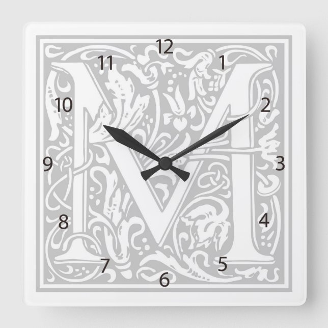 Reloj de pared cuadrado de William Morris Alphabet (Anverso)