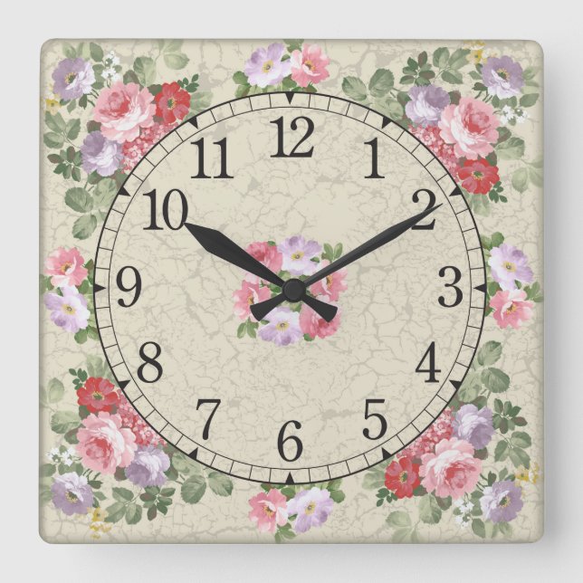 Reloj de pared cuadrado - diseño floral (Anverso)