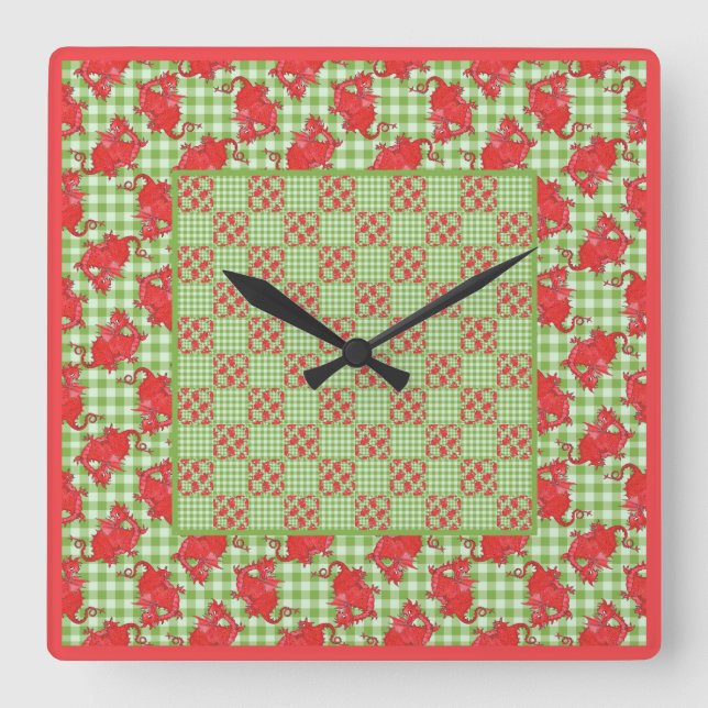 Reloj de pared cuadrado: Dragones rojos en Gingham (Anverso)