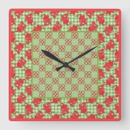 Reloj de pared cuadrado: Dragones rojos en Gingham