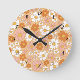 Reloj de pared cuadrado floral blanco y naranja