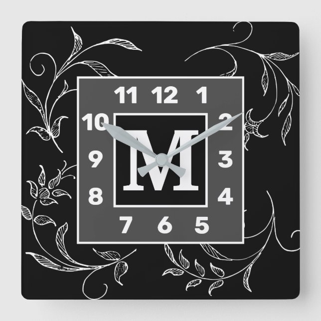 Reloj de pared cuadrado floral de GS monogramado (Anverso)