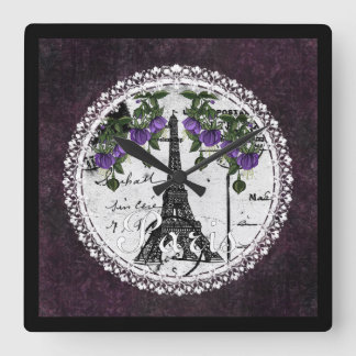 Reloj de pared cuadrado floral morado de París