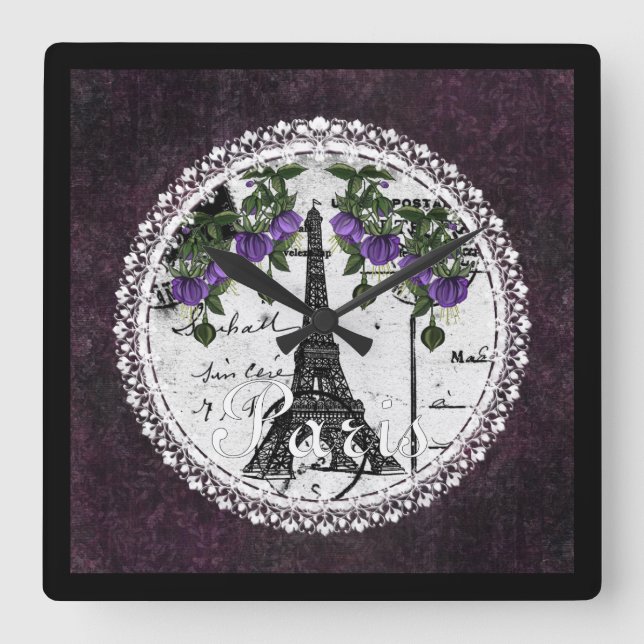 Reloj de pared cuadrado floral morado de París (Anverso)