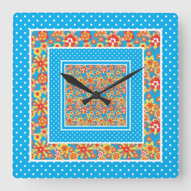 Reloj de pared cuadrado, floral Naranja, puntos de (Anverso)
