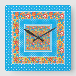 Reloj de pared cuadrado, floral Naranja, puntos de