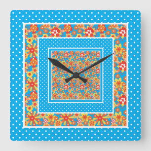 Reloj de pared cuadrado, floral Naranja, puntos de