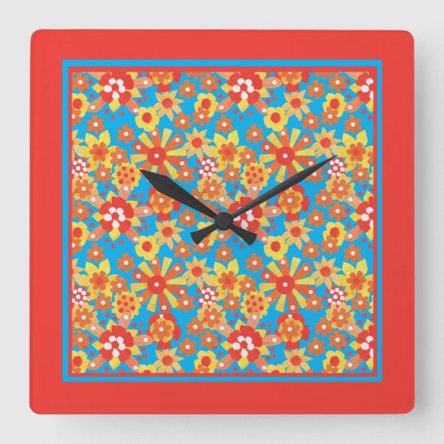 Reloj de pared cuadrado, flores Naranjas adormecid (Anverso)