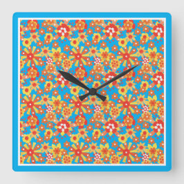 Reloj de pared cuadrado, flores Naranjas, borde az