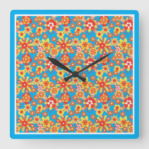Reloj de pared cuadrado, flores Naranjas, borde az