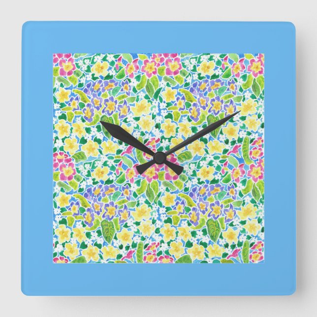 Reloj de pared cuadrado, gallos de primavera, azul (Anverso)