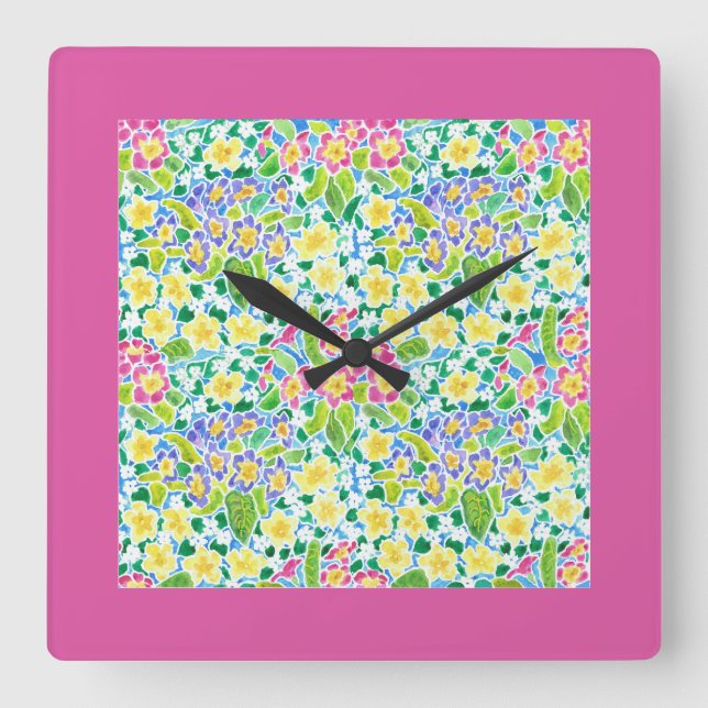 Reloj de pared cuadrado, gallos de primavera, rosa (Anverso)